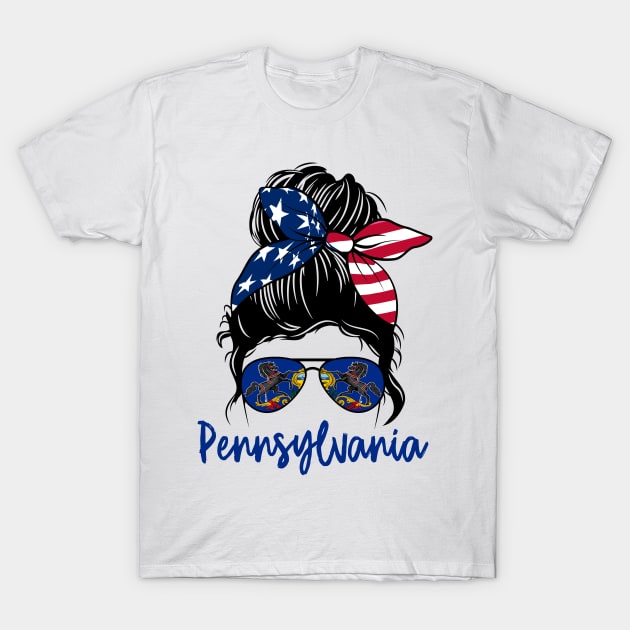 Pennsylvania girl Messy bun , American Girl , Pennsylvania Flag T-Shirt by JayD World